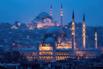 Fototapeta premium Grand illuminated mosques at twilight in a cityscape