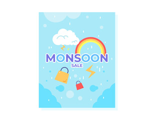 Fototapeta premium Monsoon sale concept. Illustration of a promotional poster or banner for a Monsoon Sale event. Social media posts. Special shopping offers. Decorative elements, shopping items, blue background.
