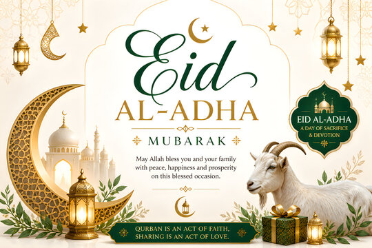 eid al adha mubarak celebration with crescent moon lantern and goat illustration