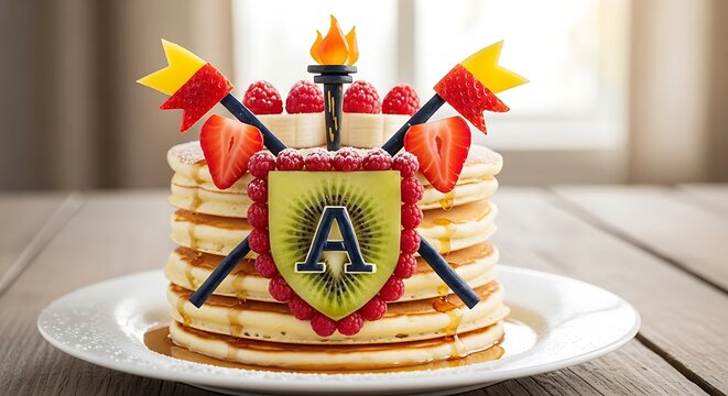 Creative pancake stack with fruit coat of arms, breakfast food art with berries and syrup, whimsical heraldic shield pancakes for kids
