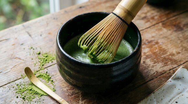 Traditional matcha green tea preparation, bamboo whisk chasen in ceramic bowl, authentic japanese tea ceremony on rustic wooden table