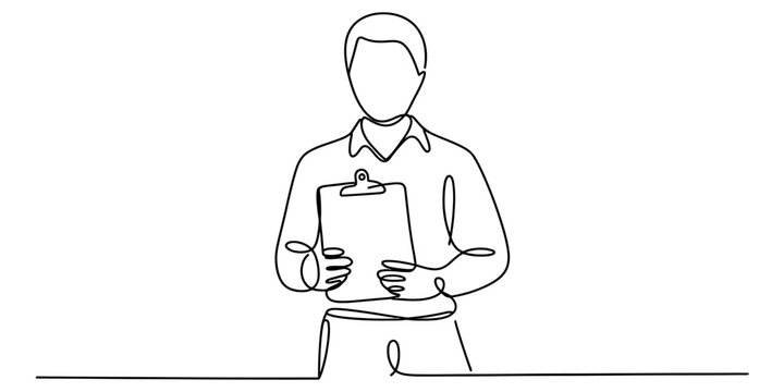Continuous single line drawing of a businessman holding a clipboard document for office work and professional management tasks Vector, illustration