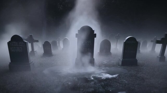 Eerie graveyard scene with tombstones shrouded in mist and fog, creating a spooky and mysterious atmosphere