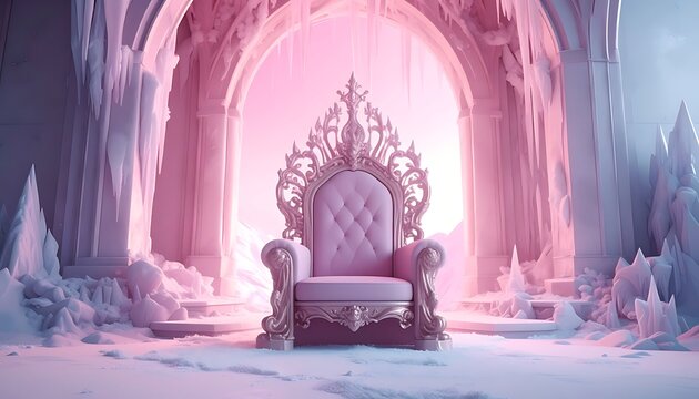 A lavish throne sits before a majestic archway in a frosty, pastel-hued chamber