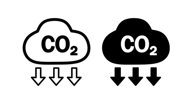 CO2 cloud emission icons with downward arrows in outline and solid styles environmental symbol set