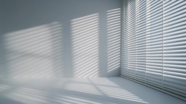 Sunlight and Shadow Patterns on a White Wall from Blinds