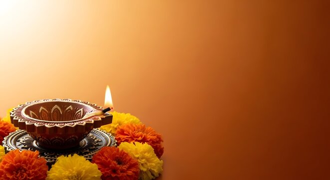 Diwali celebration a traditional oil lamp surrounded by marigold flowers