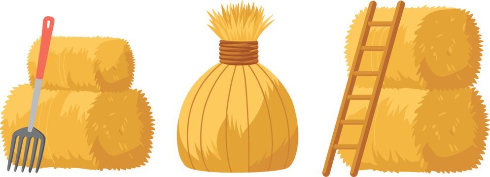 Farm hay bale vector set with straw stack sack ladder and pitchfork agricultural illustration