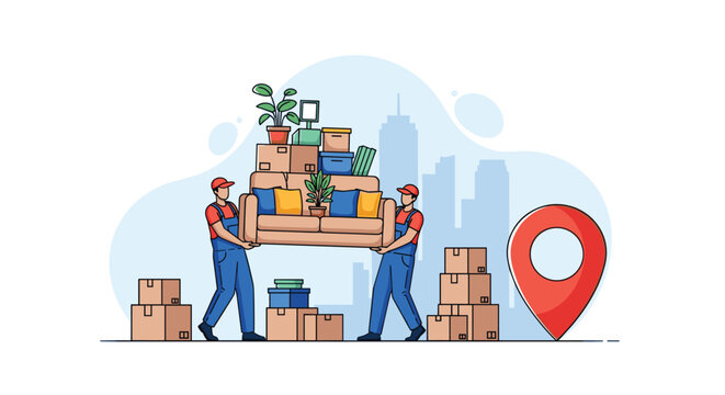 Two professional movers in blue overalls carrying a sofa into a new house with boxes and a location pin icon nearby.