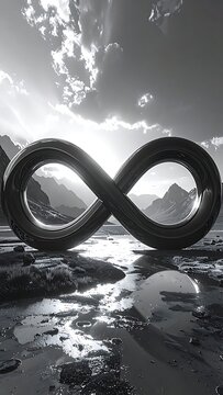 A large infinity symbol on a rocky beach with a mountain range