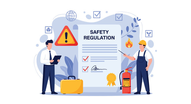 Safety inspector and a worker reviewing a large safety regulation document with a fire extinguisher and warning sign.