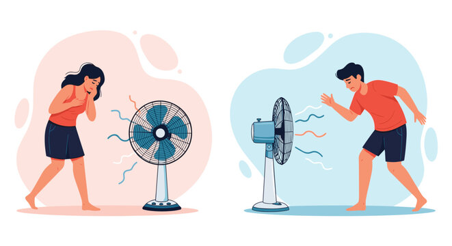 Young man and woman feeling exhausted and sweating due to extreme heat while trying to cool down with electric fans.