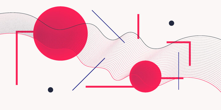 Abstract Geometric Composition with Vibrant Red Circles, Flowing Dotted Waves, and Minimalist Line Art on White Background