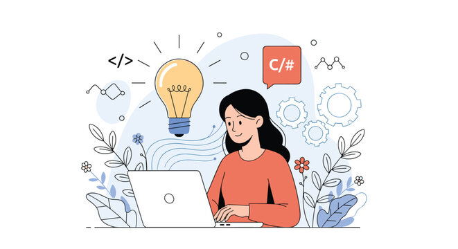 Female software developer working on a laptop surrounded by coding symbols, c sharp tag, and creative light bulb.