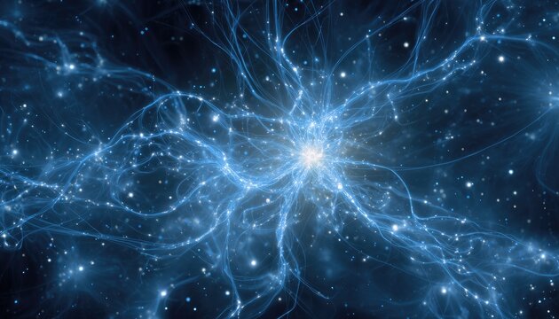 Interconnected bright glowing pathways and nodes in deep space
