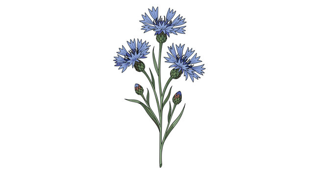 Detailed botanical illustration of three blue cornflower blossoms with green leaves and stems on a white background.