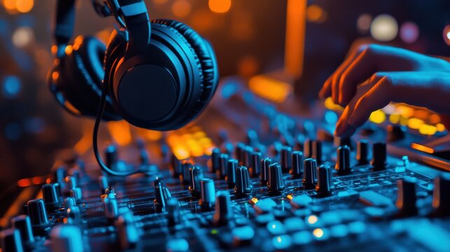 Close up of sound mixer's hands adjusting audio equipment