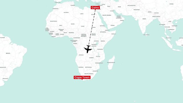 Airplane flying across the map from Cairo to Cape Town animation video