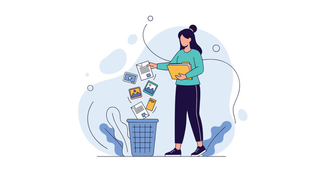 Organized woman throwing various digital files and documents into a blue trash bin to clean up her computer workspace.