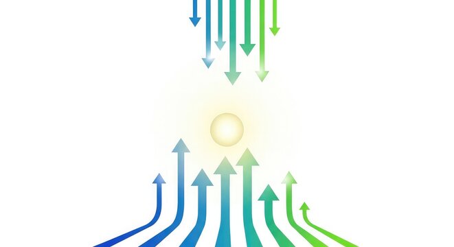 Business growth concept with magnetic pull of colorful arrows towards a glowing center symbolizing attraction and success in a white background