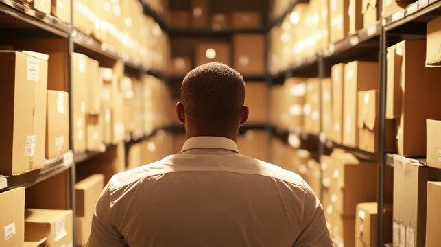 Man inspecting rows of organized boxes within archives
