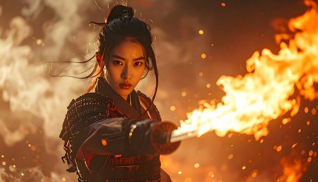 A woman in armor wielding a flamethrower amidst flames and smoke