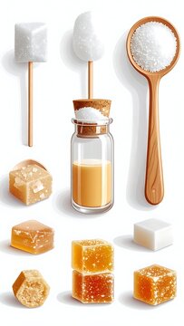 Assortment of sugar-based confections and sweeteners on a stark white background. Includes cubes, crystals, and liquid amber in various containers