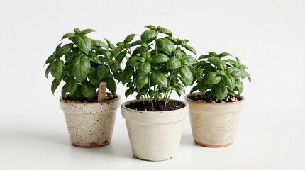 Fototapeta premium Three potted basil plants on white background.