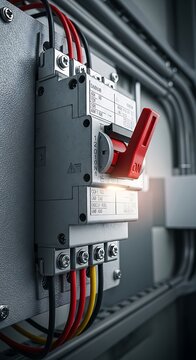 Electric panel with red switch and wires.