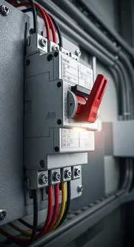 Electric panel with red switch and wires.