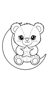 Cute teddy bear sitting on crescent moon with star on white background for kids