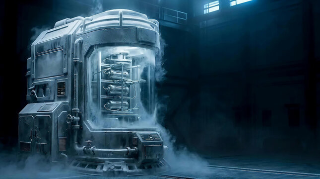 Cryogenic Chamber In Dark Laboratory Industrial Setting With Cold Vapor And Blue Lighting