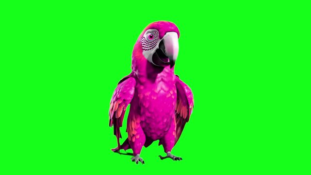 A unique 3D animation of a vibrant pink macaw parrot performing a dance and flexing its wings. The asset supports lip sync and is isolated on a chroma key green screen background for seamless integrat
