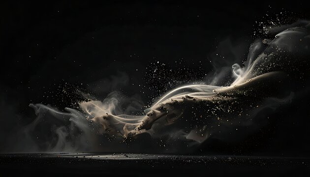 An abstract, moody composition of swirling smoke or dust particles against a dark, undefined background. Gold flecks sparkle