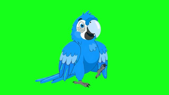A charming 2D cartoon illustration of a friendly blue macaw parrot sitting on a branch, isolated on a bright chroma key green background. Perfect for children's educational content, tropical wildlife 