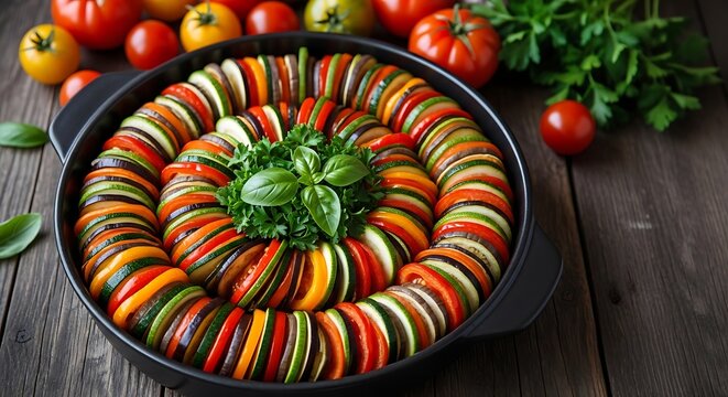 Fresh vegetable ratatouille served in a black round baking pan on rustic wooden surface