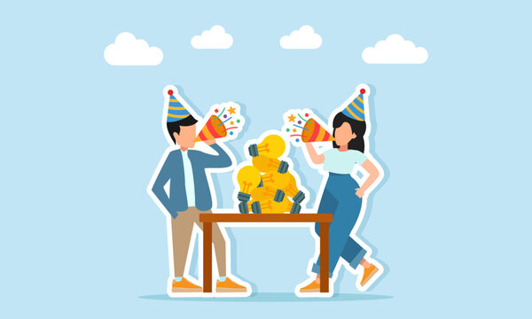 Man and woman wearing party hats blowing trumpets celebrating stack of lamps on table illustration of celebrating success in gaining ideas and innovation