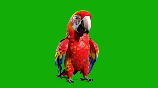 A detailed 3D digital animation of a vibrant red scarlet macaw parrot standing and looking around curiously. The solid green screen chroma key background allows for seamless compositing into nature do