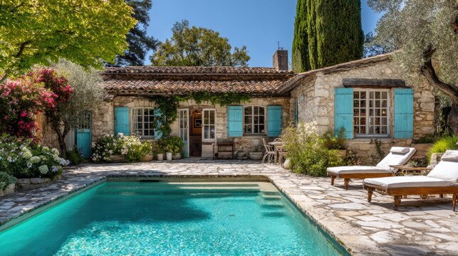 Stone villa with pool and sun loungers in lush garden