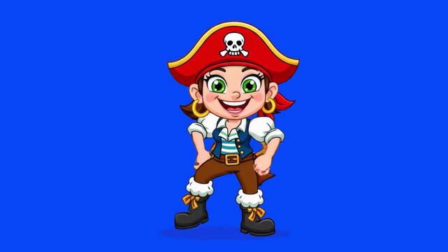 A young animated 2D pirate boy wearing a traditional red tricorn skull hat, vest, and boots stands confidently in place against a deep blue screen. This pre-keyed cartoon character asset is designed f