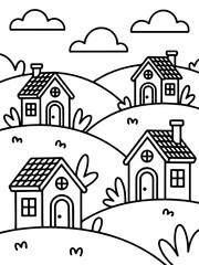 Fototapeta premium Cozy Village Illustration: A charming, minimalist illustration showcases a quaint village nestled amidst rolling hills under a serene, cloud-dotted sky, inviting a sense of simplicity and home.
