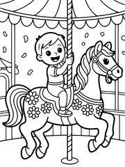 Fototapeta premium Joyful Carousel Ride: A smiling child sits atop a carousel horse, embodying the delight of a childhood moment, as the whimsical merry-go-round spins with glee.
