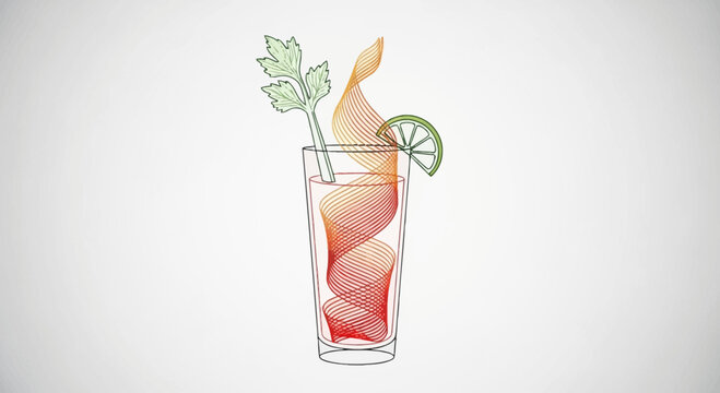 Bloody Mary cocktail with celery and lime garnish, abstract swirl design