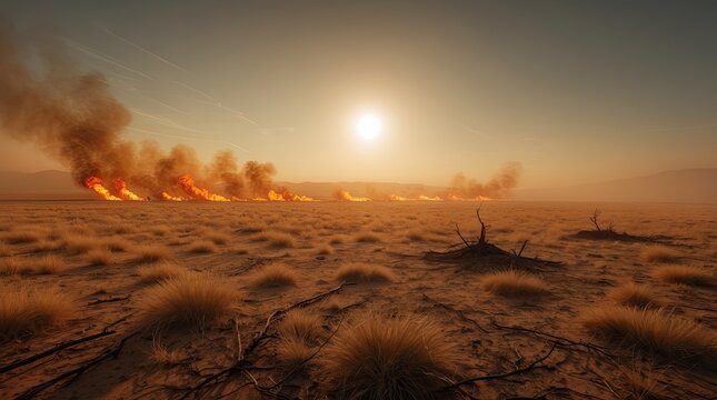 Burning Savanna Landscape at Sunset with Smoke Plumes and Scorched Earth
