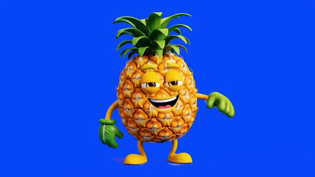 A textured, semi-realistic 3D render of a whole pineapple character with a confident expression, showing off dance moves. Features detailed skin texture and leafy top, isolated on a blue chroma key ba