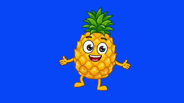 A cheerful 2D cartoon pineapple character with a bright, expressive face and big eyes, performing a fun dance move with arms outstretched. Isolated on a blue chroma key background, this looping animat