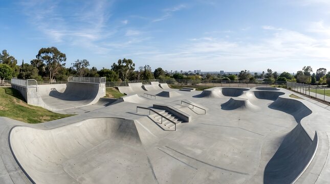 Outdoor concrete skatepark with empty bowls and ramps, modern urban skate park facility, extreme sports recreation area under blue sky