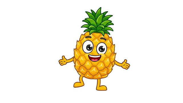 A cheerful, smiling two-dimensional pineapple mascot with large expressive eyes dances and spreads its arms wide against a solid white background. This vibrant fruit animation is perfect for children'