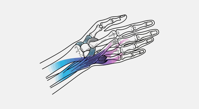 Anatomical illustration of human hand tendons and ligaments, showing muscle movement and structure.
