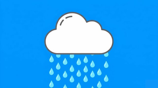 A cute 2D vector graphic animation of a white fluffy cloud pouring down animated blue raindrops against a bright sky-blue backdrop. Excellent for daily weather forecasting graphics, children's educati
